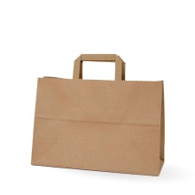 Bolsa de papel kraft con asa plana, fabricada con papel de color marrón de 80 gramos y con una medida 32+17x28cm