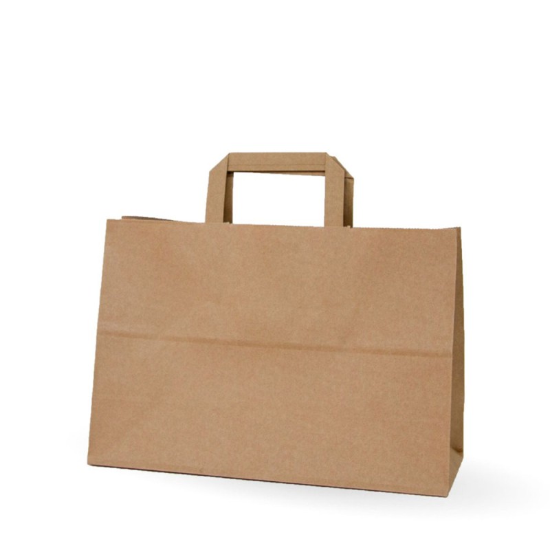 Bolsa de papel kraft con asa plana, fabricada con papel de color marrón de 80 gramos y con una medida 32+17x28cm Bolsa de papel kraft con asa plana, fabricada con papel de color marrón de 80 gramos y con una medida 32+17x28cm