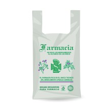 Bolsa de plástico reciclado gris para farmacia con una medida de 50/33x60 centímetros.