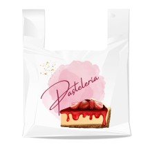 Bolsa de plástico 70% reciclado para pastelería, con asa de camiseta y fabricada con un grosor de 200 galgas o 50 micras.