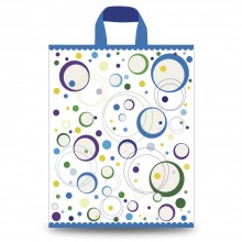 Bolsa de plástico 70% reciclado impresa con círculos retro, con un grosor de 200 galgas o 50 micras y un tamaño de 40X55/50 cm