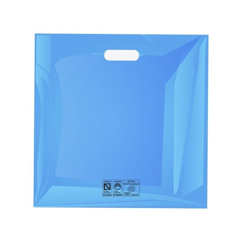 Bolsas de plástico reciclado azul con asa de troquel y fabricada con un grosor de 220 galgas o 55 micras Bolsas de plástico reciclado azul con asa de troquel y fabricada con un grosor de 220 galgas o 55 micras