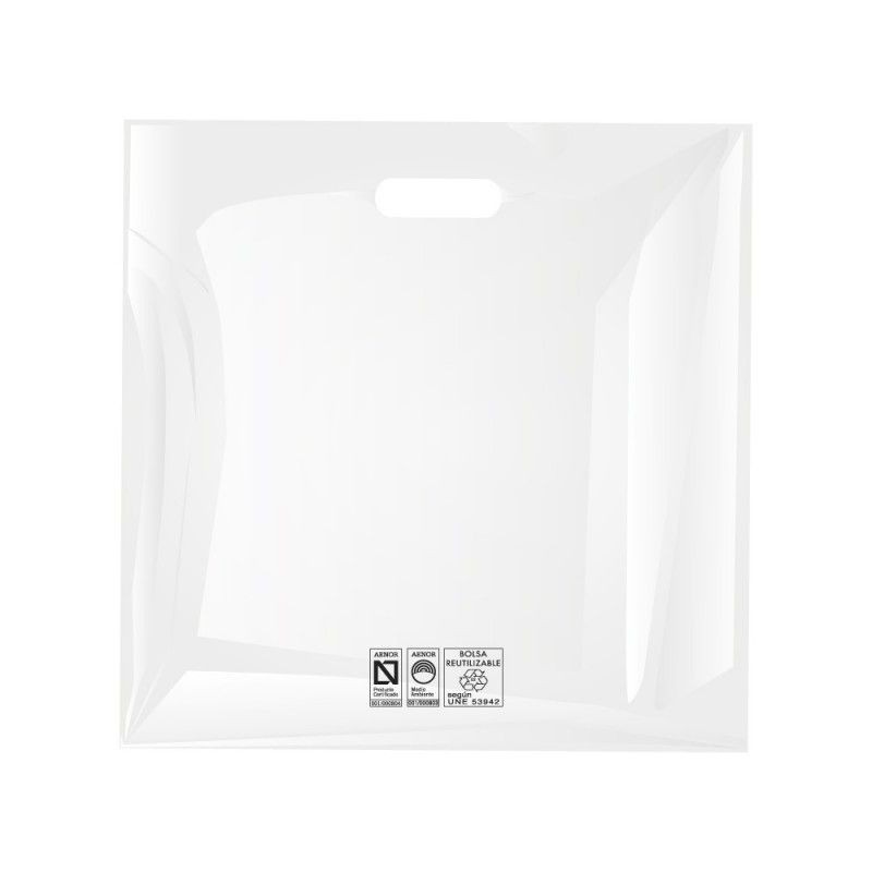 Bolsas de plástico reciclado color blanco con asa de troquel y fabricada con un grosor de 220 galgas o 55 micras Bolsas de plástico reciclado color blanco con asa de troquel y fabricada con un grosor de 220 galgas o 55 micras