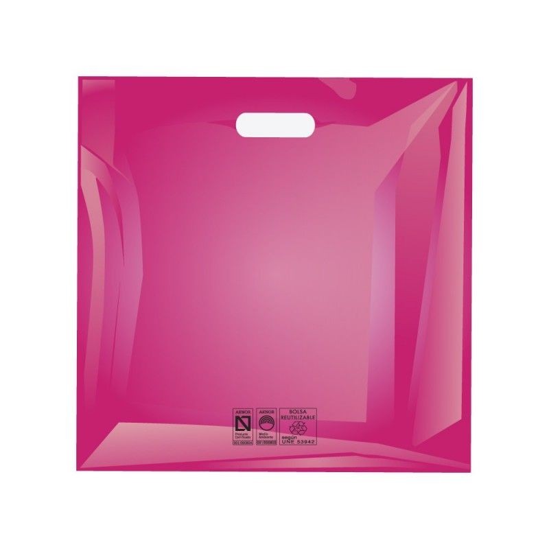 Bolsas de plástico reciclado color rosa fucsia con asa de troquel y fabricada con un grosor de 220 galgas o 55 micras