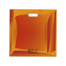 Bolsas de plástico reciclado color naranja con asa de troquel y fabricada con un grosor de 220 galgas o 55 micras