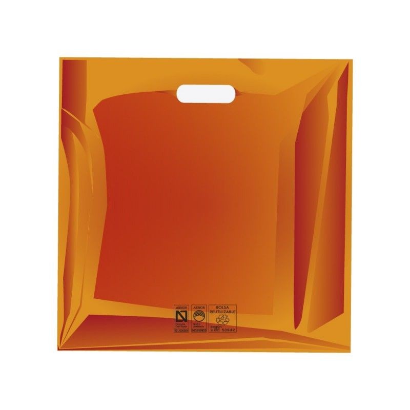 Bolsas de plástico reciclado color naranja con asa de troquel y fabricada con un grosor de 220 galgas o 55 micras Bolsas de plástico reciclado color naranja con asa de troquel y fabricada con un grosor de 220 galgas o 55 micras