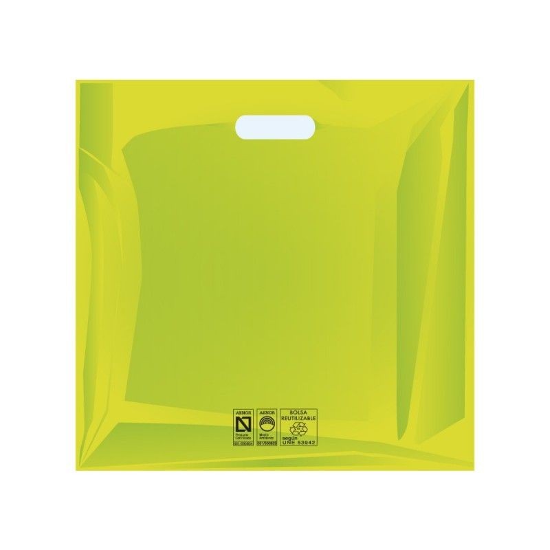 Bolsas de plástico reciclado color verde con asa de troquel y fabricada con un grosor de 220 galgas o 55 micras Bolsas de plástico reciclado color verde con asa de troquel y fabricada con un grosor de 220 galgas o 55 micras