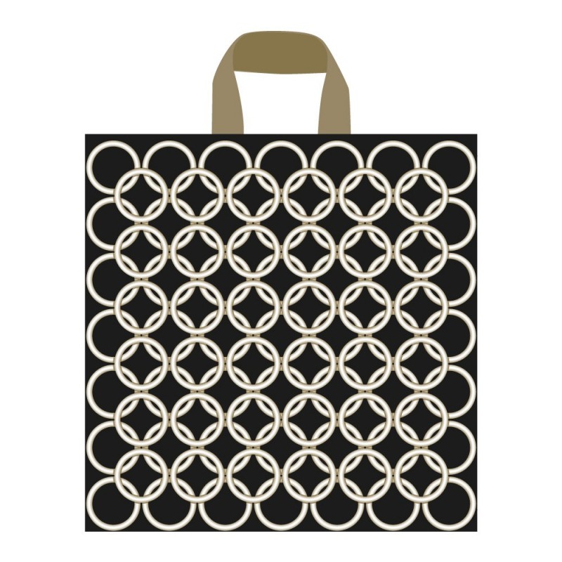 Bolsa de plástico con un diseño de aros color oro para tienda con asa de lazo en tamaño 35x40/35 cm