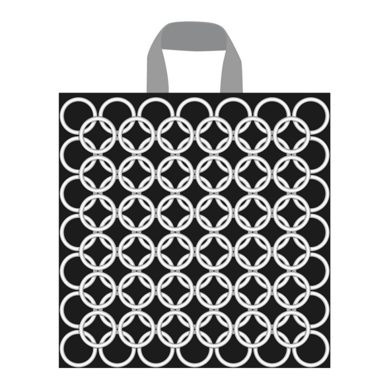 Bolsa de plástico reciclado con un diseño de aros color plata para tienda con asa de lazo en tamaño 35x40/35 cm