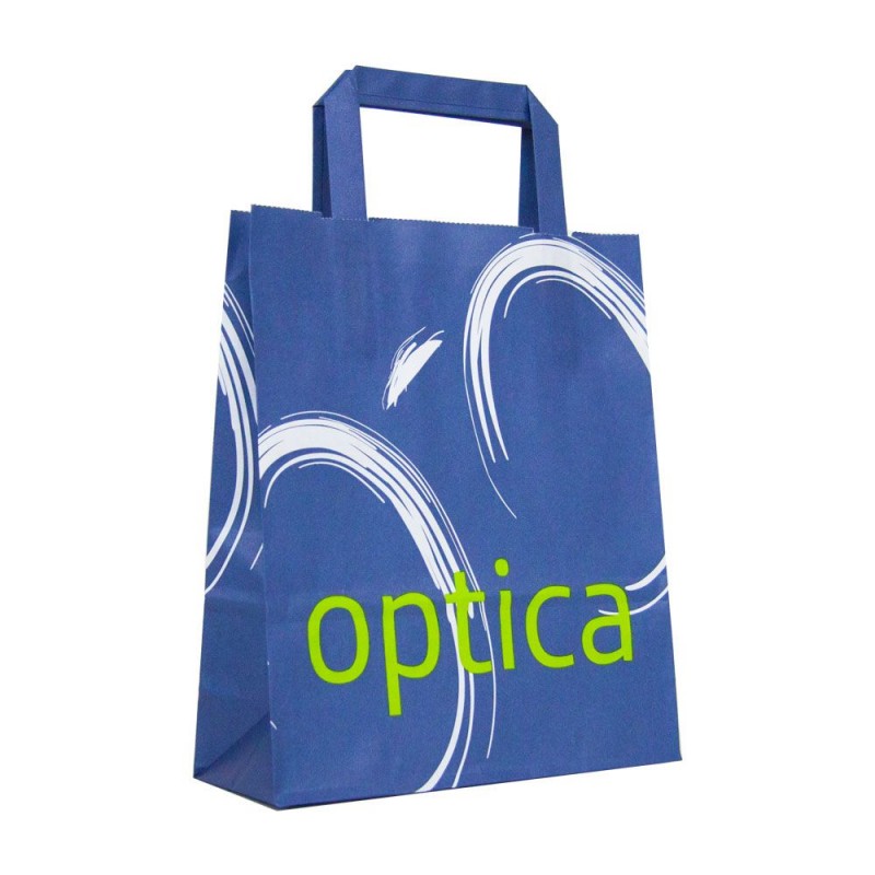 Bolsa de papel impresa para óptica con asa plana, fabricada con papel de color blnaco de 80 gramos y con una medida 21+8x24 cm.