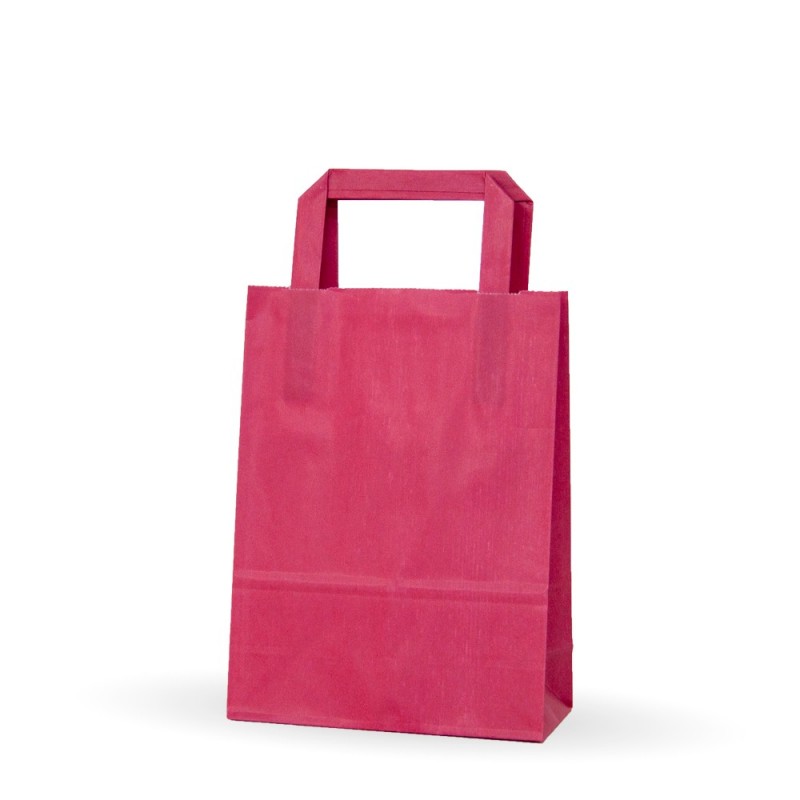Bolsa de papel rosa fucsia con asa plana, fabricada con papel de celulosa de 80 gramos