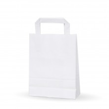 Bolsa de papel blanca con asa plana, fabricada con papel de color blanco de 80 gramos, con una medida de 18+8x24