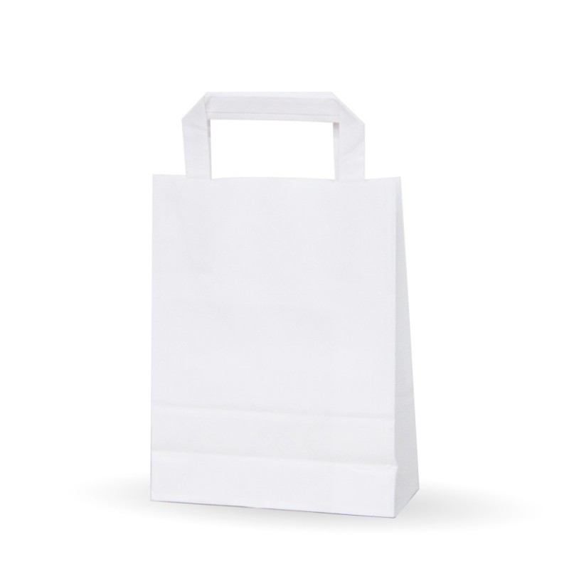 Bolsa de papel blanca con asa plana, fabricada con papel de color blanco de 80 gramos, con una medida de 18+8x24 Bolsa de papel blanca con asa plana, fabricada con papel de color blanco de 80 gramos, con una medida de 18+8x24