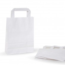 Bolsa de papel blanca con asa plana, fabricada con papel de color blanco de 80 gramos, con una medida de 18+8x24