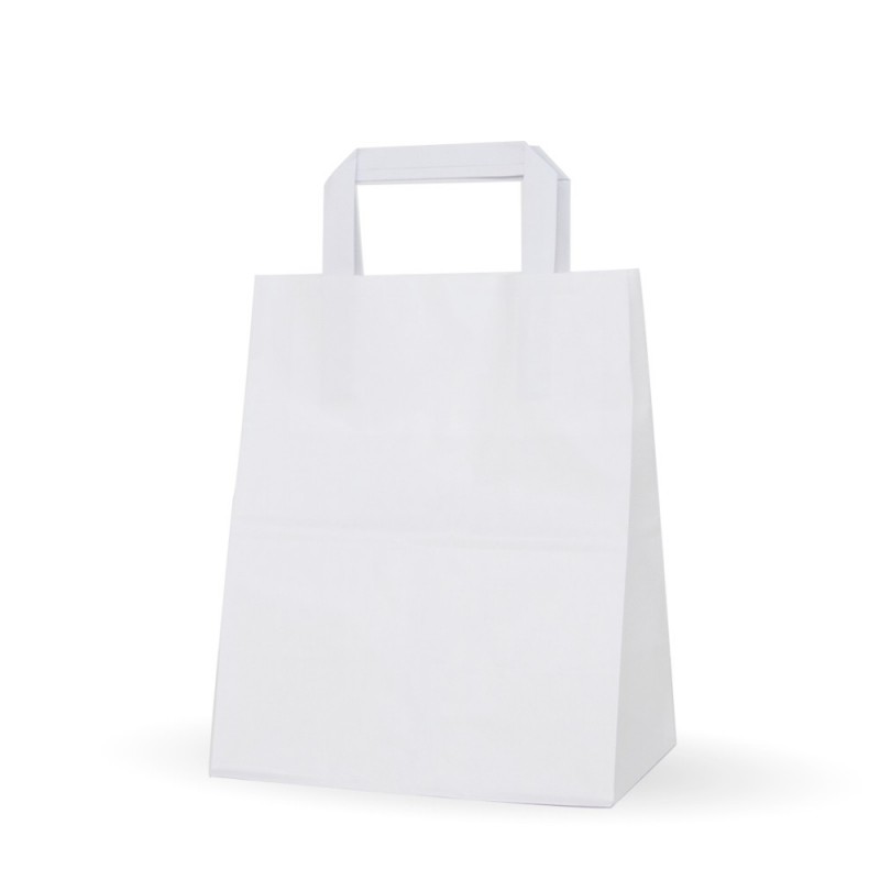 Bolsa de papel blanca con asa plana 21+13x26, fabricada con papel de color blanco de 80 gramos Bolsa de papel blanca con asa plana 21+13x26, fabricada con papel de color blanco de 80 gramos