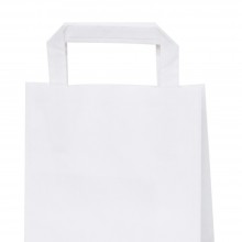 Bolsa de papel blanca con asa plana, fabricada con papel de color blanco de 80 gramos, con una medida de 18+8x24