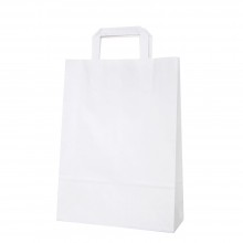 Bolsa de papel blanca con asa plana, fabricada con papel de color blanco de 80 gramos, con una medida de 25+9x34