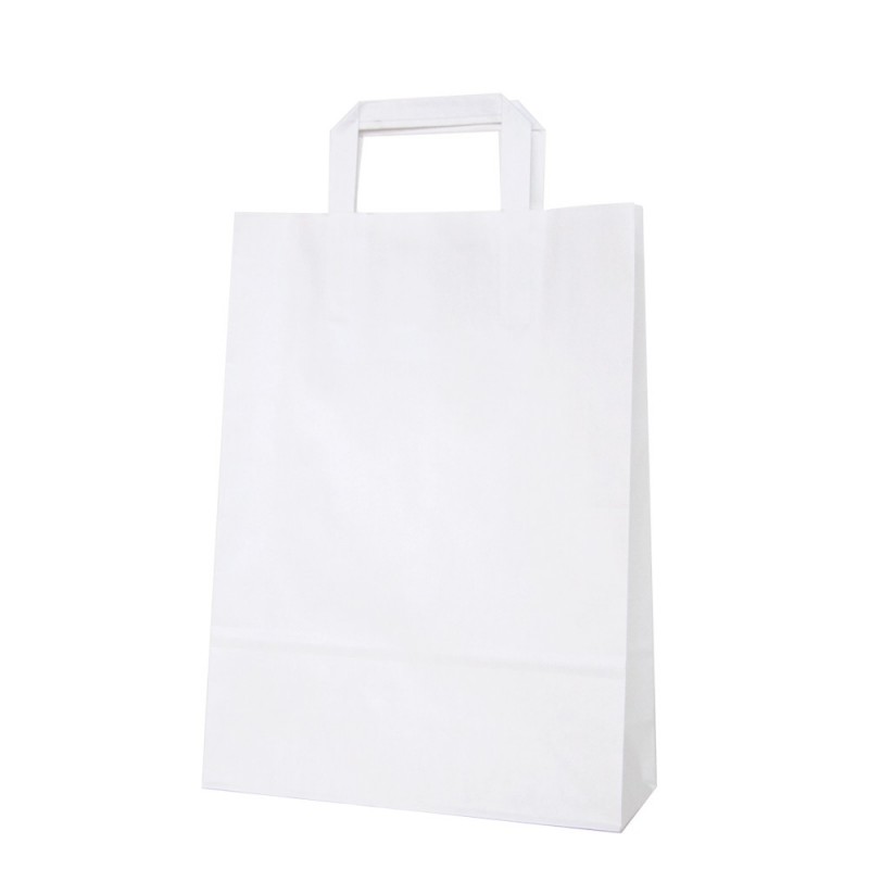 Bolsa de papel blanca con asa plana, fabricada con papel de color blanco de 80 gramos, con una medida de 25+9x34 Bolsa de papel blanca con asa plana, fabricada con papel de color blanco de 80 gramos, con una medida de 25+9x34