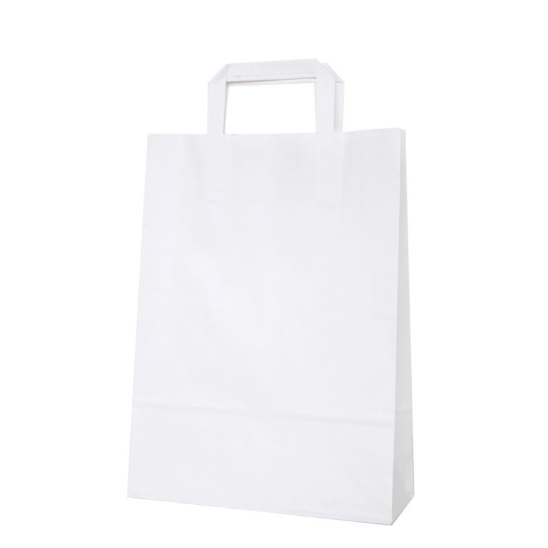 Bolsa de papel blanca con asa plana, fabricada con papel de color blanco de 80 gramos, con una medida de 25+9x34