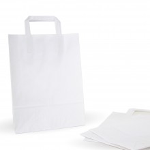 Bolsa de papel blanca con asa plana, fabricada con papel de color blanco de 80 gramos, con una medida de 25+9x34