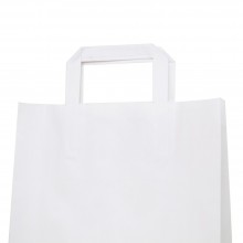 Bolsa de papel blanca con asa plana, fabricada con papel de color blanco de 80 gramos, con una medida de 25+9x34