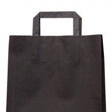 Bolsa de papel negra con asa plana, fabricada con un papel de 100 gramos y una medida de 25+9x34 cm
