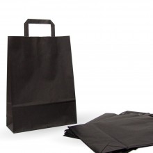 Bolsa de papel negra con asa plana, fabricada con un papel de 100 gramos y una medida de 25+9x34 cm