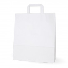 Bolsa de papel blanca con asa plana, fabricada con papel de color blanco de 100 gramos, con una medida de 32+12x37