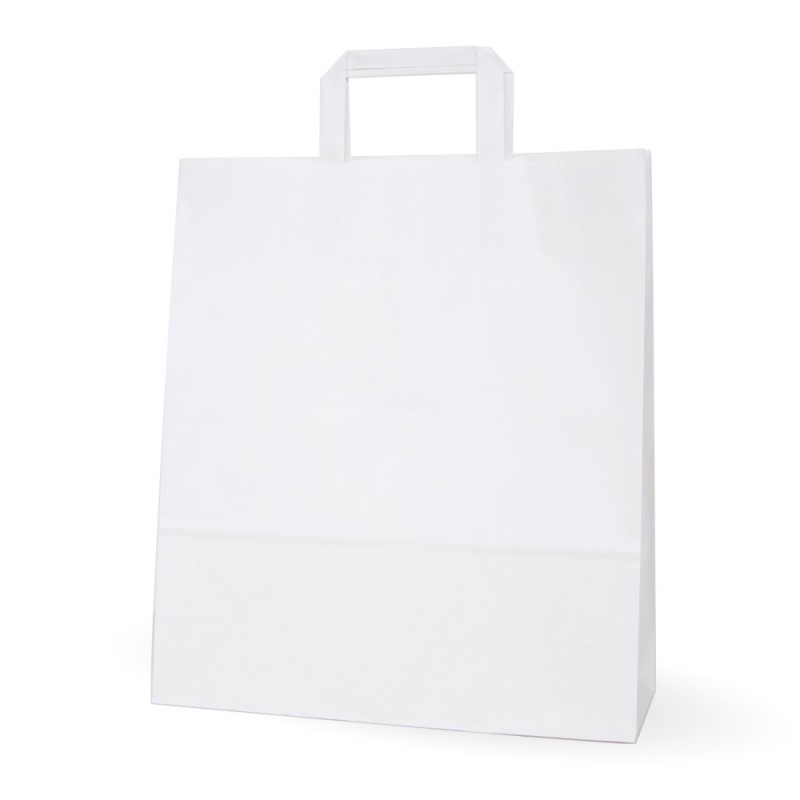 Bolsa de papel blanca con asa plana, fabricada con papel de color blanco de 100 gramos, con una medida de 32+12x37 Bolsa de papel blanca con asa plana, fabricada con papel de color blanco de 100 gramos, con una medida de 32+12x37