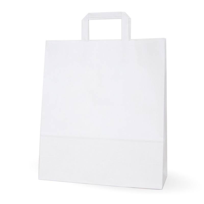 Bolsa de papel blanca con asa plana, fabricada con papel de color blanco de 100 gramos, con una medida de 32+12x37