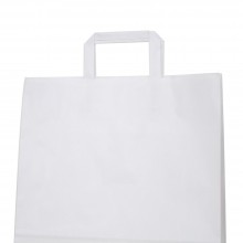 Bolsa de papel blanca con asa plana, fabricada con papel de color blanco de 100 gramos, con una medida de 32+12x37