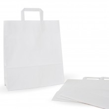 Bolsa de papel blanca con asa plana, fabricada con papel de color blanco de 100 gramos, con una medida de 32+12x37