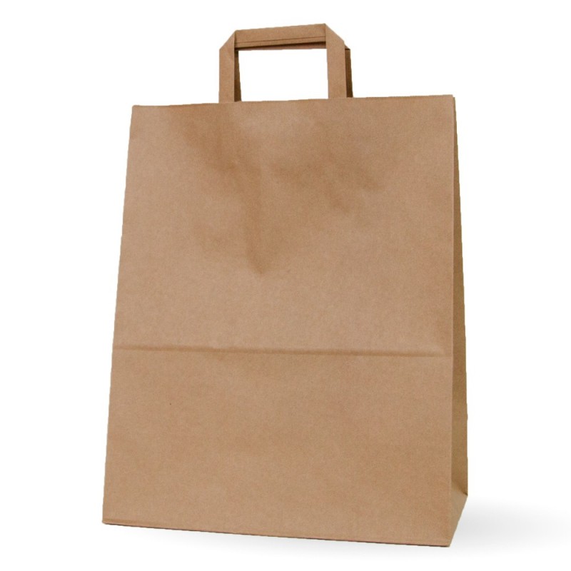 Bolsa de papel kraft con asa plana, fabricada con papel de color marrón de 100 gramos y con una medida 32+17x40cm Bolsa de papel kraft con asa plana, fabricada con papel de color marrón de 100 gramos y con una medida 32+17x40cm