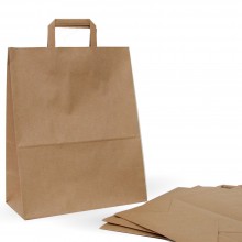 Bolsa de papel kraft con asa plana, fabricada con papel de color marrón de 100 gramos y con una medida 32+17x40cm