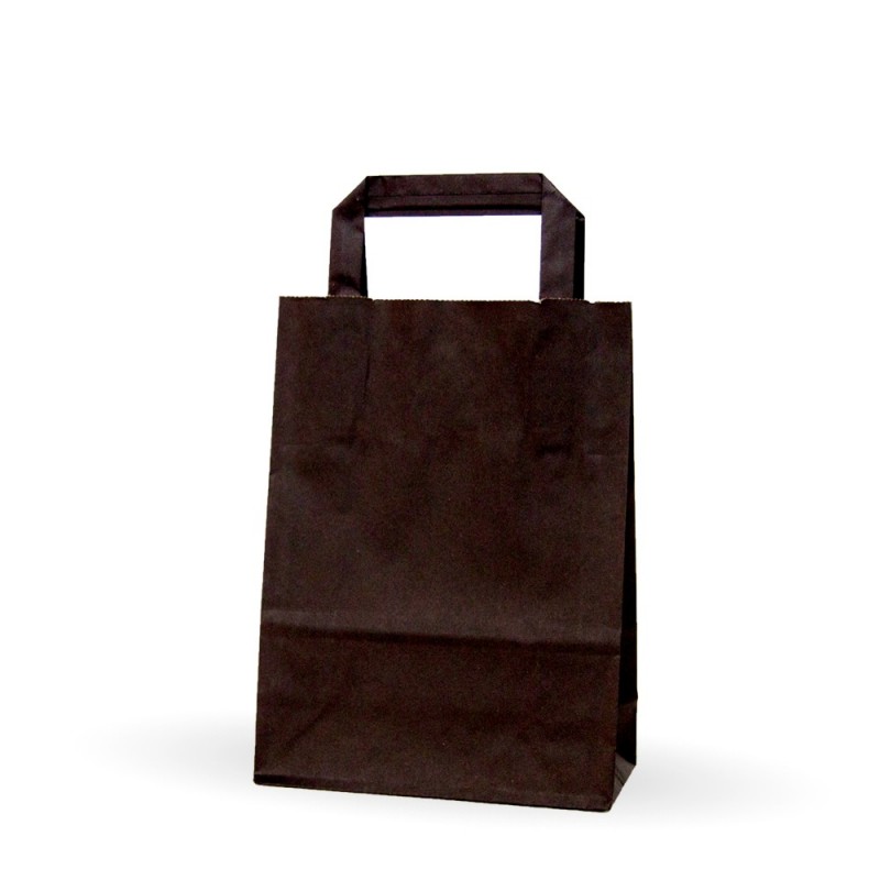 Bolsa de papel negra con asa plana, fabricada con un papel de 80 gramos y una medida de 18+8x24 cm