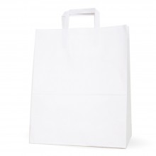 Bolsa de papel blanca con asa plana, con una medida de 32+x17x40, fabricada con papel de color blanco de 100 gramos.