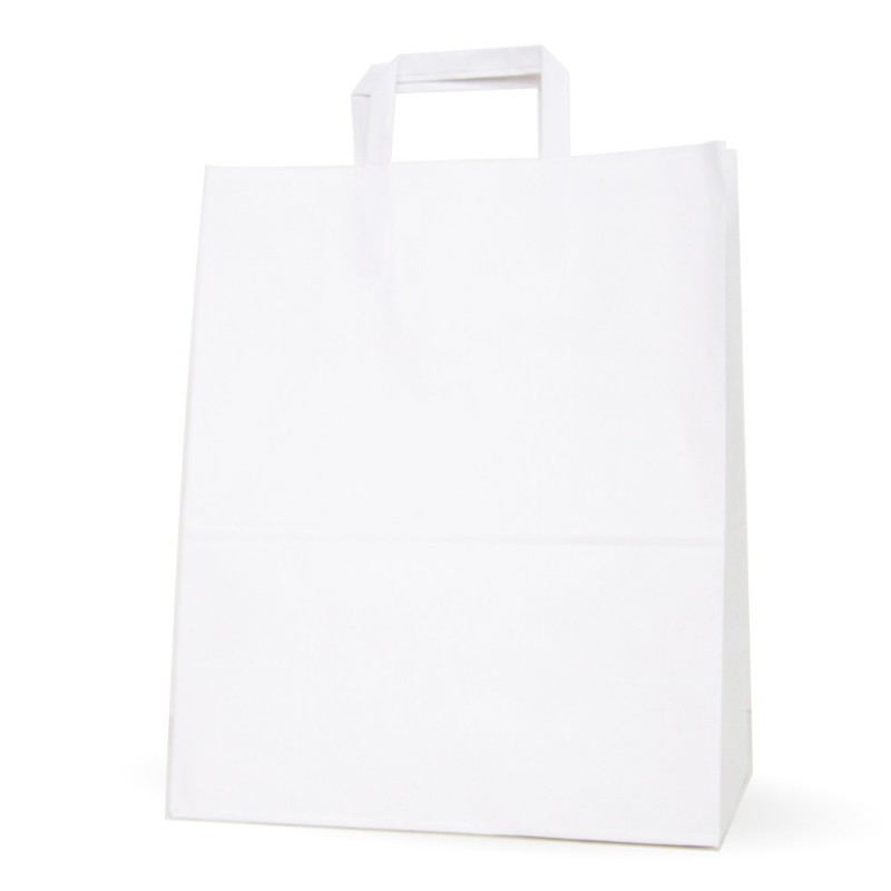 Bolsa de papel blanca con asa plana, con una medida de 32+x17x40, fabricada con papel de color blanco de 100 gramos. Bolsa de papel blanca con asa plana, con una medida de 32+x17x40, fabricada con papel de color blanco de 100 gramos.