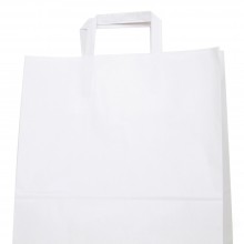 Bolsa de papel blanca con asa plana, con una medida de 32+x17x40, fabricada con papel de color blanco de 100 gramos.