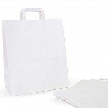 Bolsa de papel blanca con asa plana, con una medida de 32+x17x40, fabricada con papel de color blanco de 100 gramos.