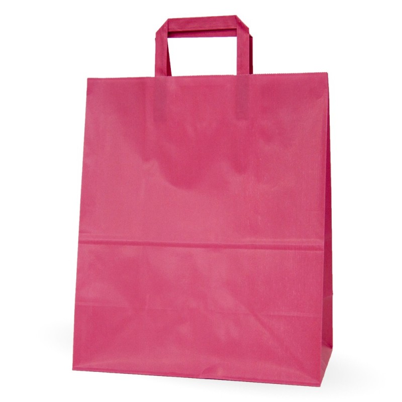Bolsa de papel rosa fucsia con asa plana, fabricada con papel de celulosa de 100 gramos