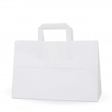 Bolsa de papel blanca con asa plana, fabricada con papel de color blanco de 100 gramos, con una medida de 32+12x22