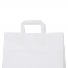 Bolsa de papel blanca con asa plana, fabricada con papel de color blanco de 100 gramos, con una medida de 32+12x22