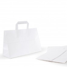 Bolsa de papel blanca con asa plana, fabricada con papel de color blanco de 100 gramos, con una medida de 32+12x22