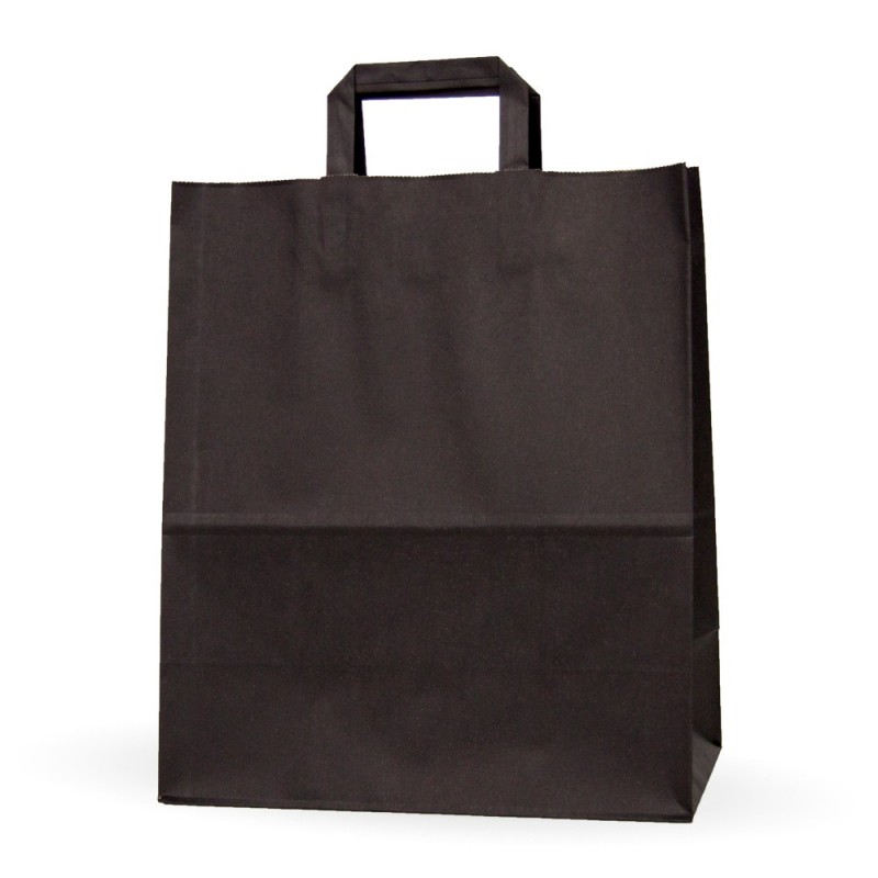 Bolsa de papel negra con asa plana, fabricada con un papel de 100 gramos y una medida de 32+17x40 cm