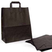 Bolsa de papel negra con asa plana, fabricada con un papel de 100 gramos y una medida de 32+17x40 cm