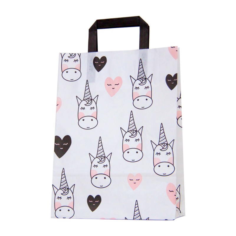 Bolsa de papel blanca impresa con unicornios con asa plana, fabricada con papel de color blanco de 80 gramos