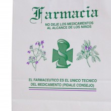 Bolsa de papel blanca impresa para farmacia con asa retorcida o rizada con una medida 32+12x37 centímetros