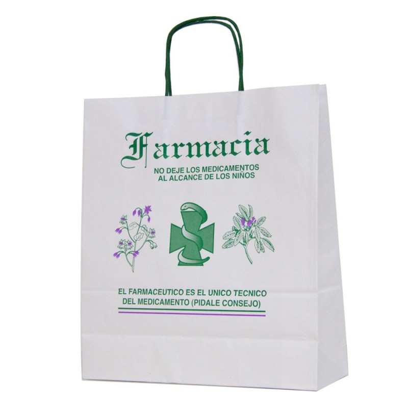 Bolsa de papel blanca impresa para farmacia con asa retorcida o rizada con una medida 32+12x37 centímetros Bolsa de papel blanca impresa para farmacia con asa retorcida o rizada con una medida 32+12x37 centímetros