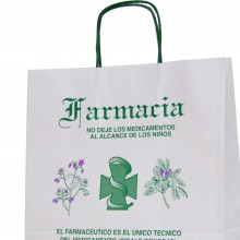 Bolsa de papel blanca impresa para farmacia con asa retorcida o rizada con una medida 32+12x37 centímetros