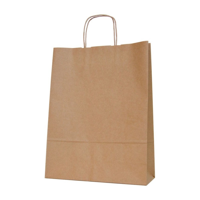 Bolsa de papel con asa retorcida o rizada color kraft marrón de 100 gramos y con una medida 32+12x43